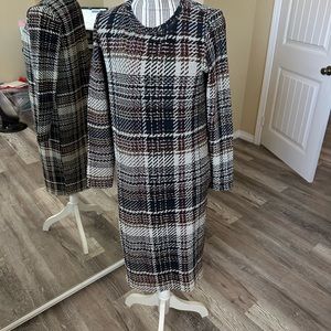 Zara Plaid Tweed Midi Dress Size large Modest Long Sleeves Long
